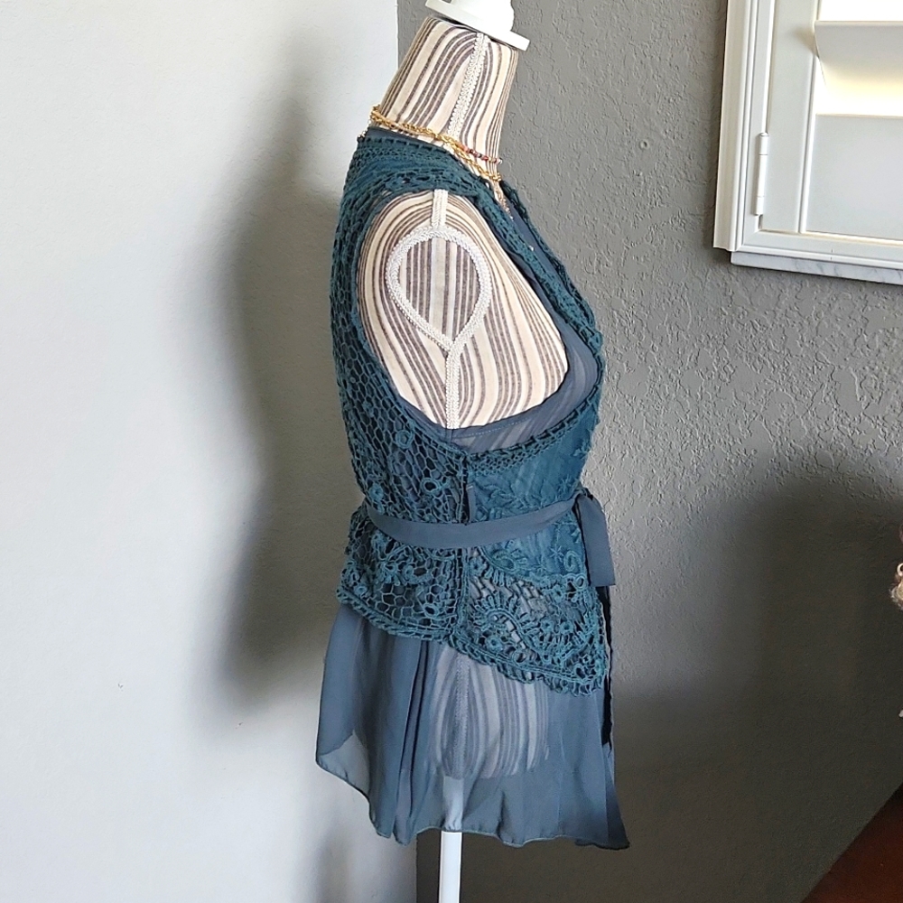 Boho free people style teal lace crochet vest tunic small - Picture 3 of 5